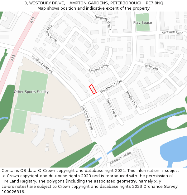 3, WESTBURY DRIVE, HAMPTON GARDENS, PETERBOROUGH, PE7 8NQ: Location map and indicative extent of plot