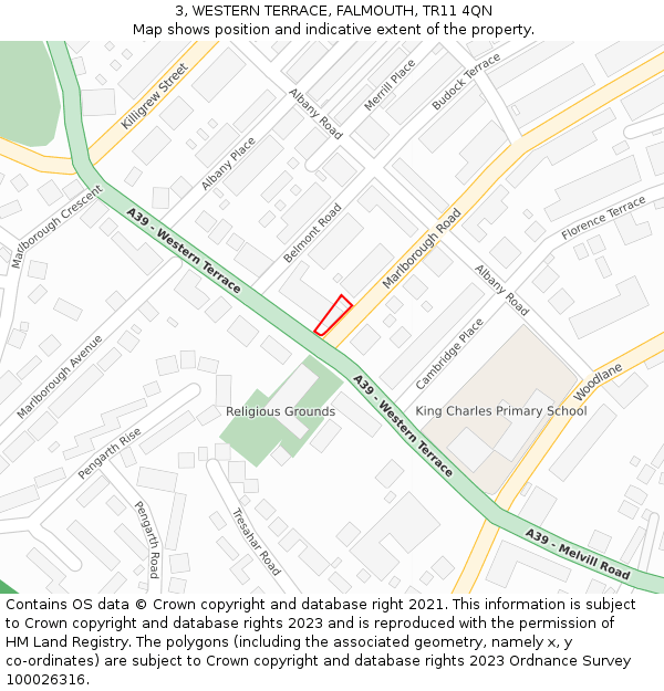 3, WESTERN TERRACE, FALMOUTH, TR11 4QN: Location map and indicative extent of plot