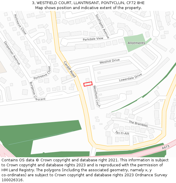 3, WESTFIELD COURT, LLANTRISANT, PONTYCLUN, CF72 8HE: Location map and indicative extent of plot