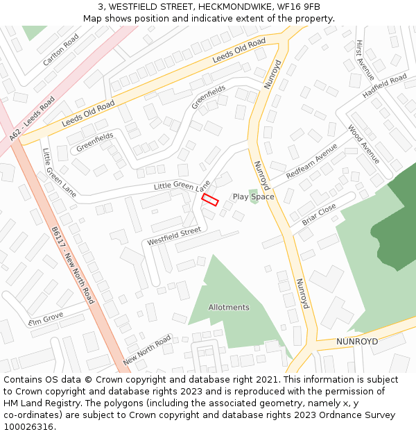 3, WESTFIELD STREET, HECKMONDWIKE, WF16 9FB: Location map and indicative extent of plot