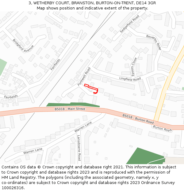 3, WETHERBY COURT, BRANSTON, BURTON-ON-TRENT, DE14 3GR: Location map and indicative extent of plot