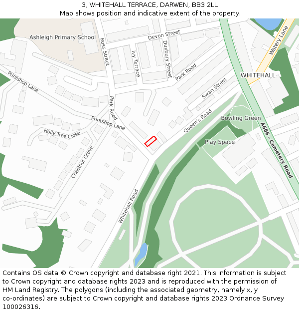 3, WHITEHALL TERRACE, DARWEN, BB3 2LL: Location map and indicative extent of plot
