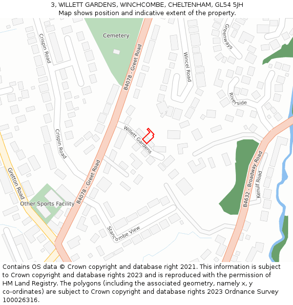 3, WILLETT GARDENS, WINCHCOMBE, CHELTENHAM, GL54 5JH: Location map and indicative extent of plot