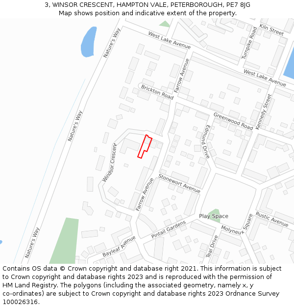 3, WINSOR CRESCENT, HAMPTON VALE, PETERBOROUGH, PE7 8JG: Location map and indicative extent of plot