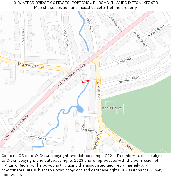 3, WINTERS BRIDGE COTTAGES, PORTSMOUTH ROAD, THAMES DITTON, KT7 0TB: Location map and indicative extent of plot