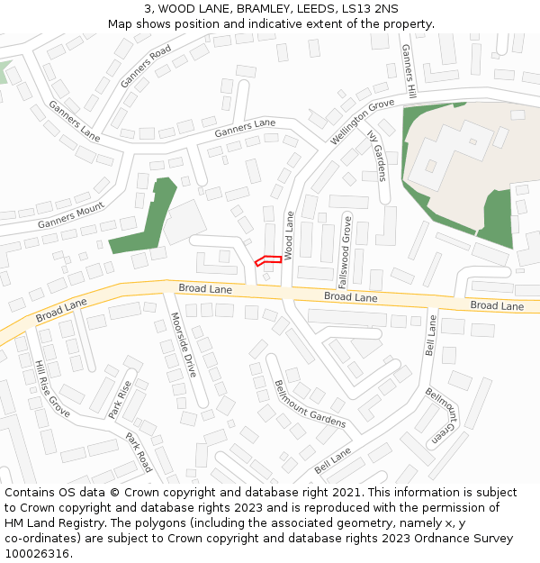 3, WOOD LANE, BRAMLEY, LEEDS, LS13 2NS: Location map and indicative extent of plot