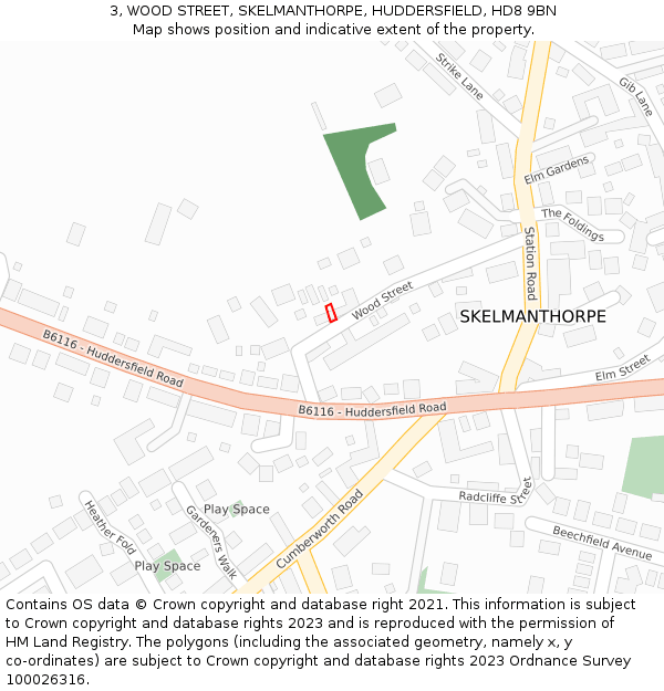 3, WOOD STREET, SKELMANTHORPE, HUDDERSFIELD, HD8 9BN: Location map and indicative extent of plot