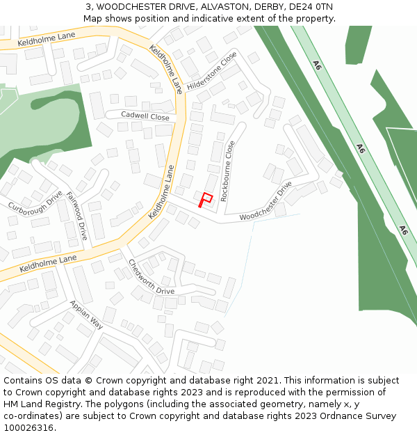 3, WOODCHESTER DRIVE, ALVASTON, DERBY, DE24 0TN: Location map and indicative extent of plot
