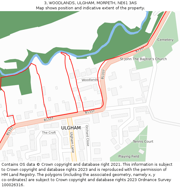 3, WOODLANDS, ULGHAM, MORPETH, NE61 3AS: Location map and indicative extent of plot