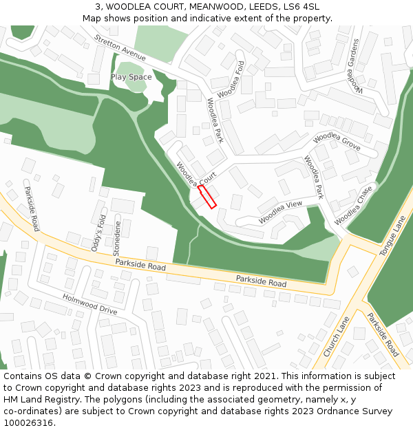 3, WOODLEA COURT, MEANWOOD, LEEDS, LS6 4SL: Location map and indicative extent of plot