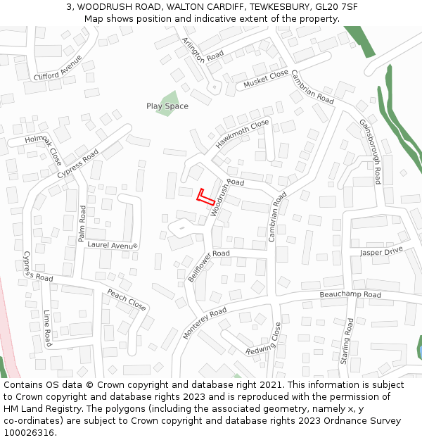 3, WOODRUSH ROAD, WALTON CARDIFF, TEWKESBURY, GL20 7SF: Location map and indicative extent of plot