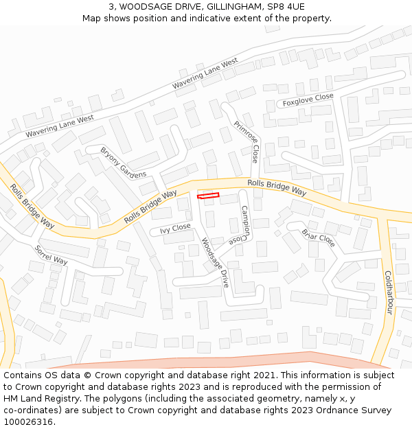 3, WOODSAGE DRIVE, GILLINGHAM, SP8 4UE: Location map and indicative extent of plot