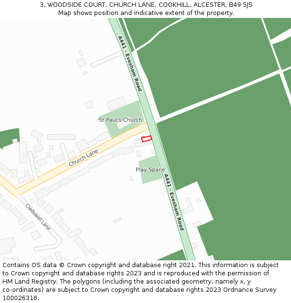 3, WOODSIDE COURT, CHURCH LANE, COOKHILL, ALCESTER, B49 5JS: Location map and indicative extent of plot