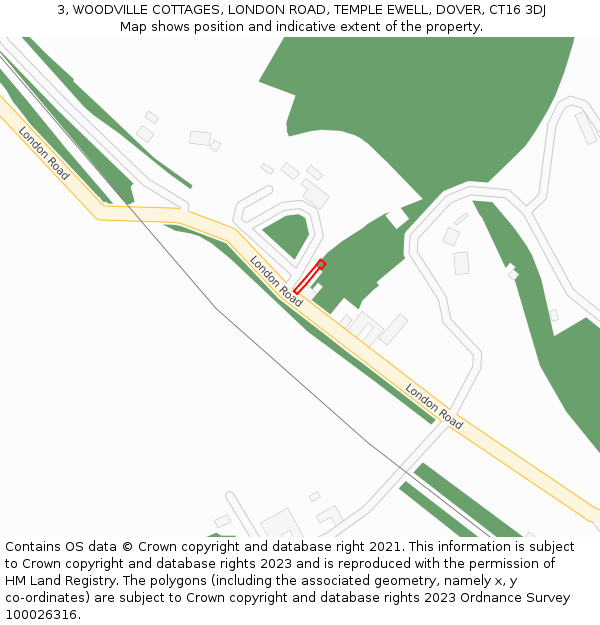 3, WOODVILLE COTTAGES, LONDON ROAD, TEMPLE EWELL, DOVER, CT16 3DJ: Location map and indicative extent of plot