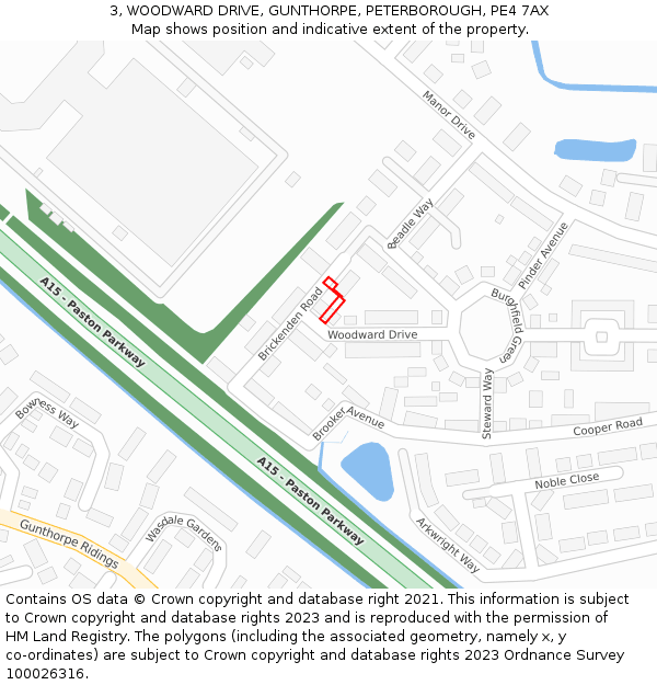3, WOODWARD DRIVE, GUNTHORPE, PETERBOROUGH, PE4 7AX: Location map and indicative extent of plot