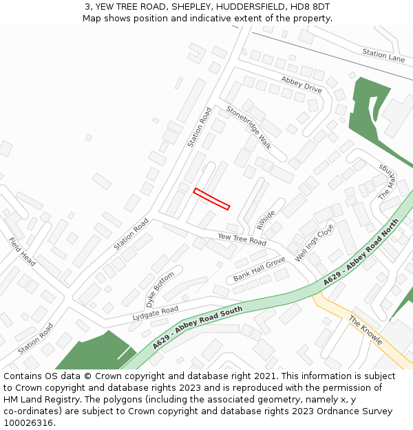 3, YEW TREE ROAD, SHEPLEY, HUDDERSFIELD, HD8 8DT: Location map and indicative extent of plot