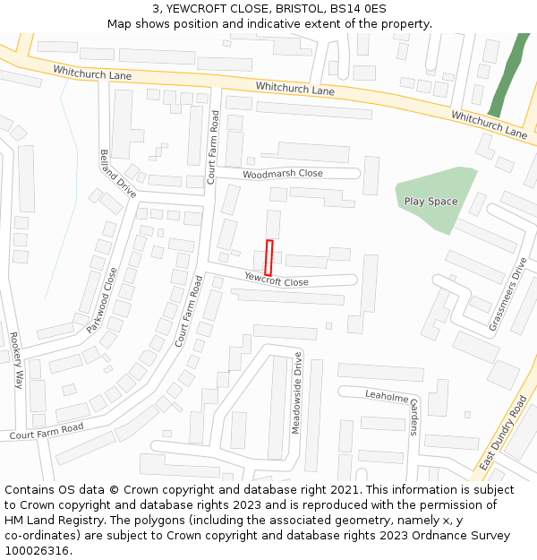 3, YEWCROFT CLOSE, BRISTOL, BS14 0ES: Location map and indicative extent of plot