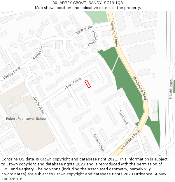 30, ABBEY GROVE, SANDY, SG19 1QR: Location map and indicative extent of plot