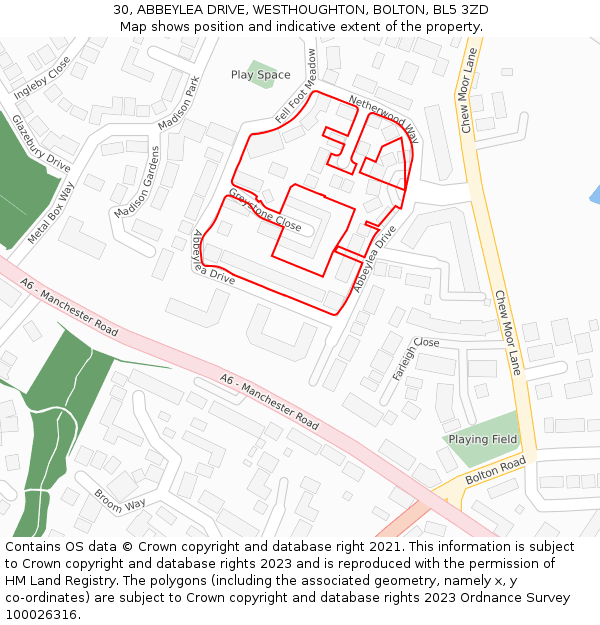 30, ABBEYLEA DRIVE, WESTHOUGHTON, BOLTON, BL5 3ZD: Location map and indicative extent of plot