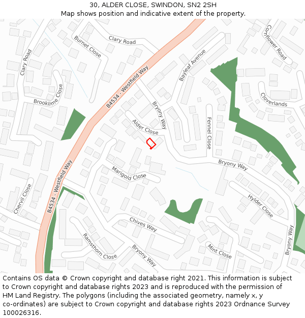 30, ALDER CLOSE, SWINDON, SN2 2SH: Location map and indicative extent of plot