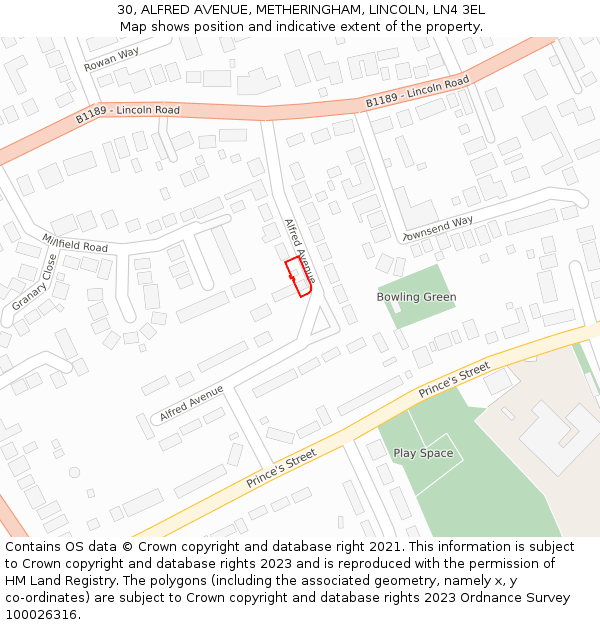 30, ALFRED AVENUE, METHERINGHAM, LINCOLN, LN4 3EL: Location map and indicative extent of plot