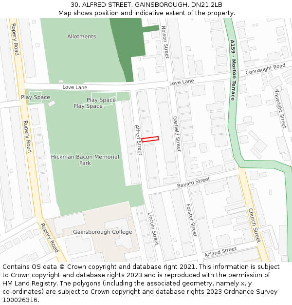 30, ALFRED STREET, GAINSBOROUGH, DN21 2LB: Location map and indicative extent of plot