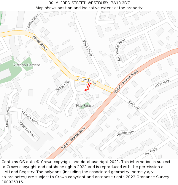 30, ALFRED STREET, WESTBURY, BA13 3DZ: Location map and indicative extent of plot
