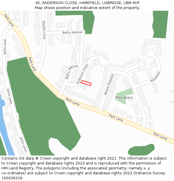 30, ANDERSON CLOSE, HAREFIELD, UXBRIDGE, UB9 6HF: Location map and indicative extent of plot