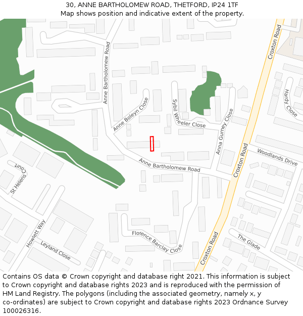 30, ANNE BARTHOLOMEW ROAD, THETFORD, IP24 1TF: Location map and indicative extent of plot