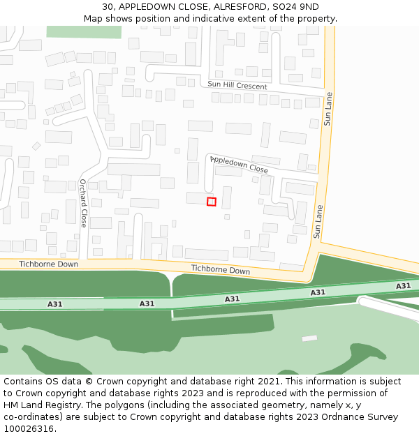 30, APPLEDOWN CLOSE, ALRESFORD, SO24 9ND: Location map and indicative extent of plot