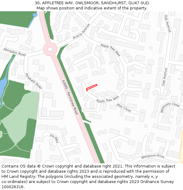30, APPLETREE WAY, OWLSMOOR, SANDHURST, GU47 0UD: Location map and indicative extent of plot