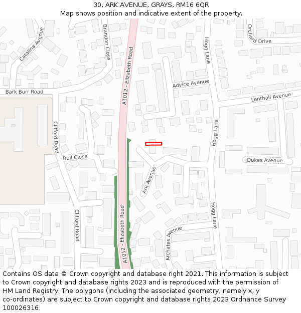 30, ARK AVENUE, GRAYS, RM16 6QR: Location map and indicative extent of plot