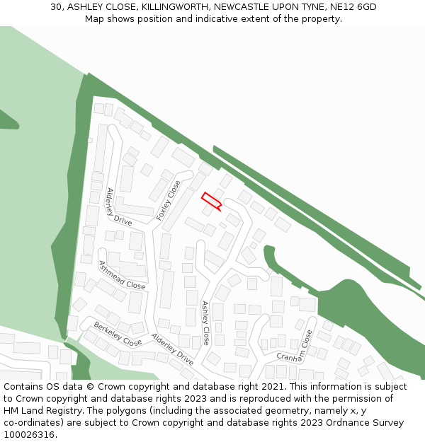 30, ASHLEY CLOSE, KILLINGWORTH, NEWCASTLE UPON TYNE, NE12 6GD: Location map and indicative extent of plot