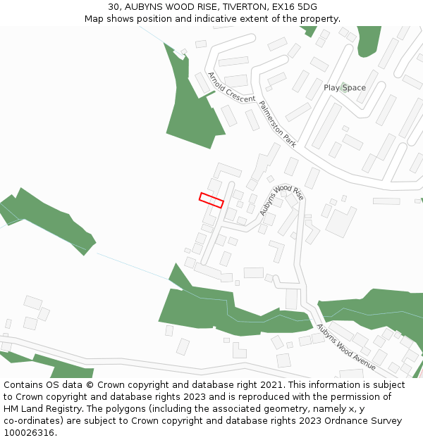30, AUBYNS WOOD RISE, TIVERTON, EX16 5DG: Location map and indicative extent of plot