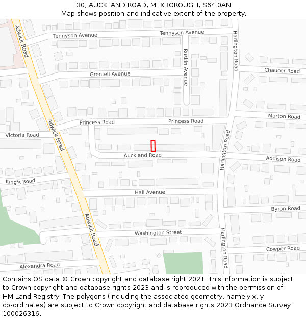 30, AUCKLAND ROAD, MEXBOROUGH, S64 0AN: Location map and indicative extent of plot