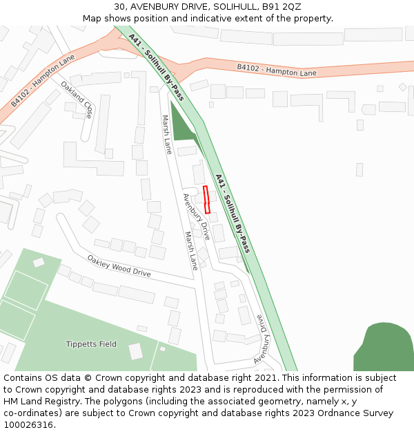 30, AVENBURY DRIVE, SOLIHULL, B91 2QZ: Location map and indicative extent of plot