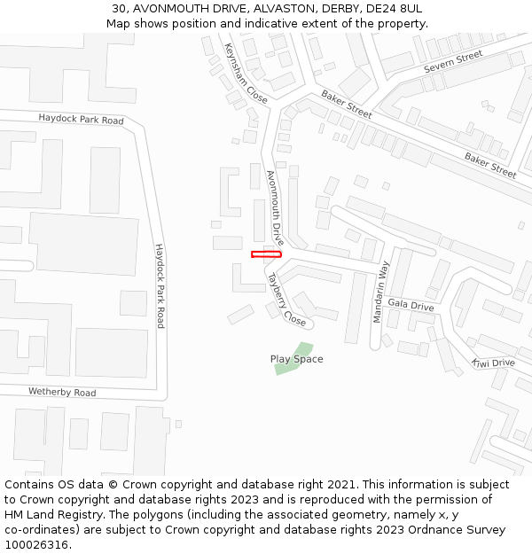 30, AVONMOUTH DRIVE, ALVASTON, DERBY, DE24 8UL: Location map and indicative extent of plot