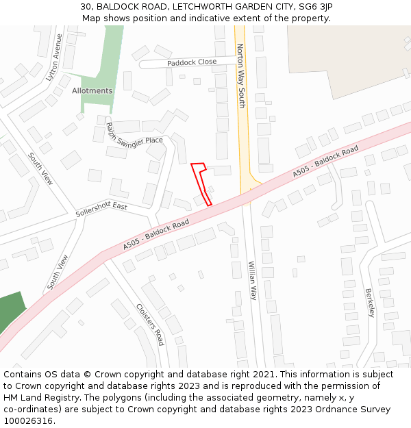 30, BALDOCK ROAD, LETCHWORTH GARDEN CITY, SG6 3JP: Location map and indicative extent of plot
