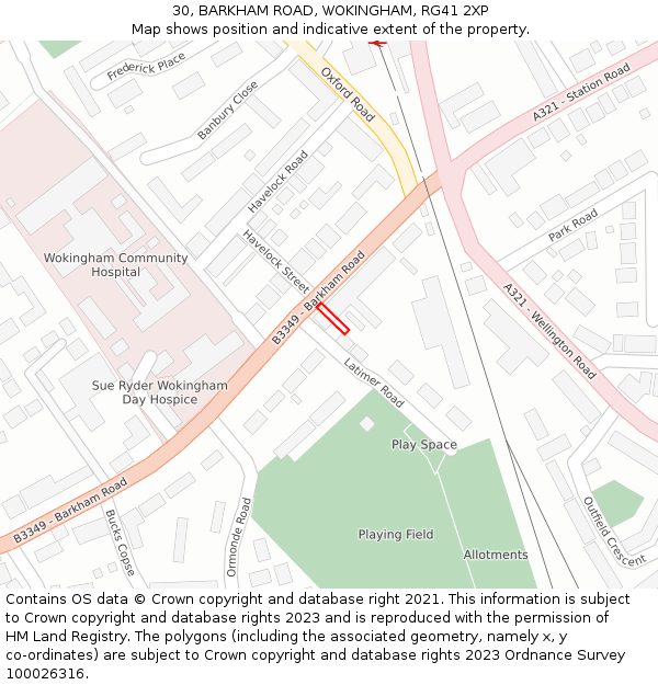 30, BARKHAM ROAD, WOKINGHAM, RG41 2XP: Location map and indicative extent of plot