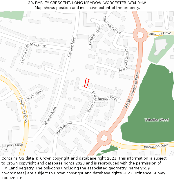 30, BARLEY CRESCENT, LONG MEADOW, WORCESTER, WR4 0HW: Location map and indicative extent of plot