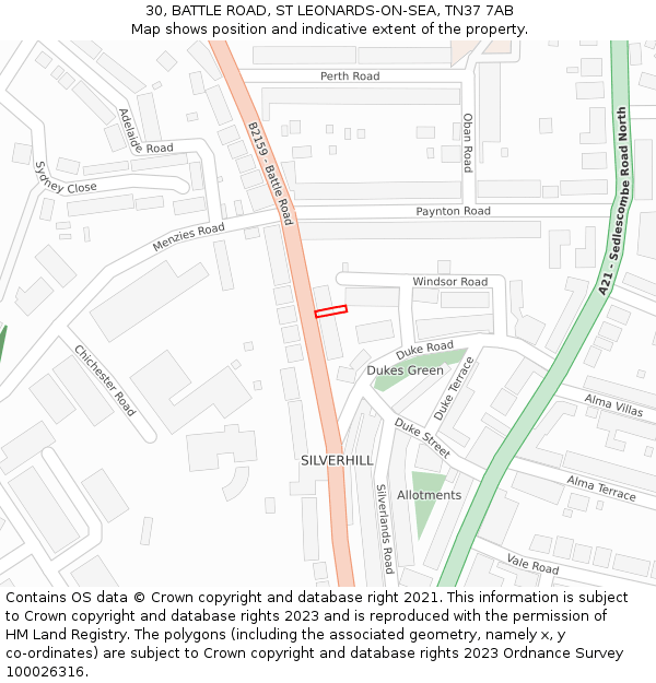 30, BATTLE ROAD, ST LEONARDS-ON-SEA, TN37 7AB: Location map and indicative extent of plot
