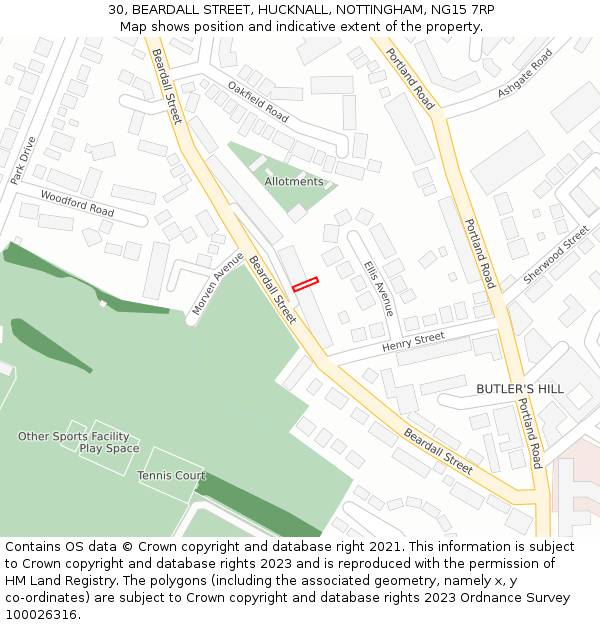 30, BEARDALL STREET, HUCKNALL, NOTTINGHAM, NG15 7RP: Location map and indicative extent of plot