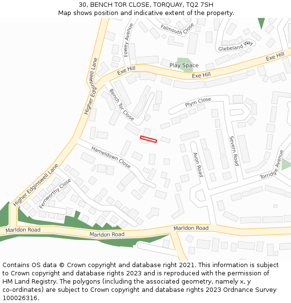 30, BENCH TOR CLOSE, TORQUAY, TQ2 7SH: Location map and indicative extent of plot