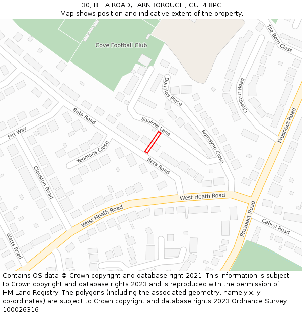 30, BETA ROAD, FARNBOROUGH, GU14 8PG: Location map and indicative extent of plot