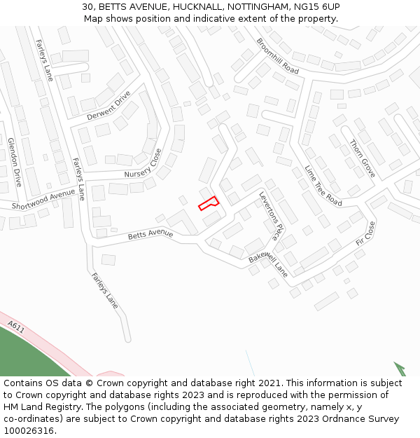 30, BETTS AVENUE, HUCKNALL, NOTTINGHAM, NG15 6UP: Location map and indicative extent of plot