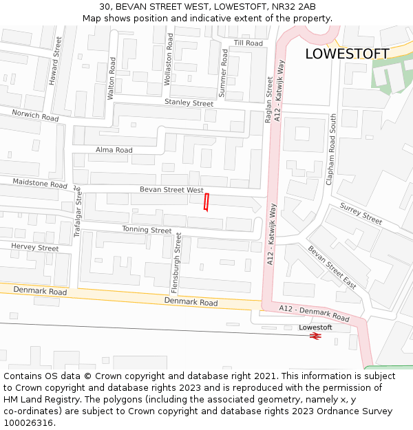 30, BEVAN STREET WEST, LOWESTOFT, NR32 2AB: Location map and indicative extent of plot