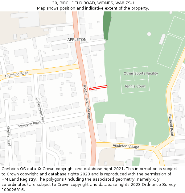 30, BIRCHFIELD ROAD, WIDNES, WA8 7SU: Location map and indicative extent of plot