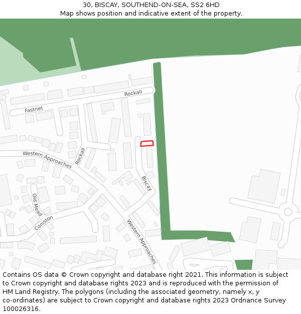 30, BISCAY, SOUTHEND-ON-SEA, SS2 6HD: Location map and indicative extent of plot
