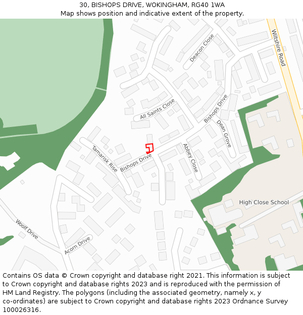 30, BISHOPS DRIVE, WOKINGHAM, RG40 1WA: Location map and indicative extent of plot