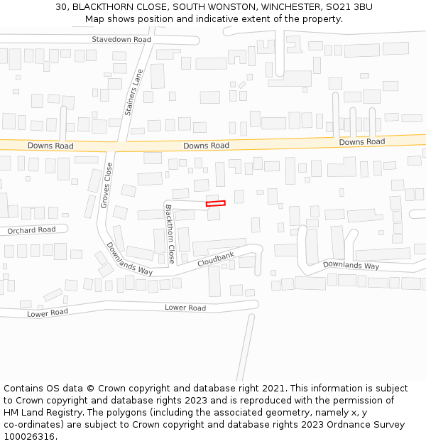 30, BLACKTHORN CLOSE, SOUTH WONSTON, WINCHESTER, SO21 3BU: Location map and indicative extent of plot